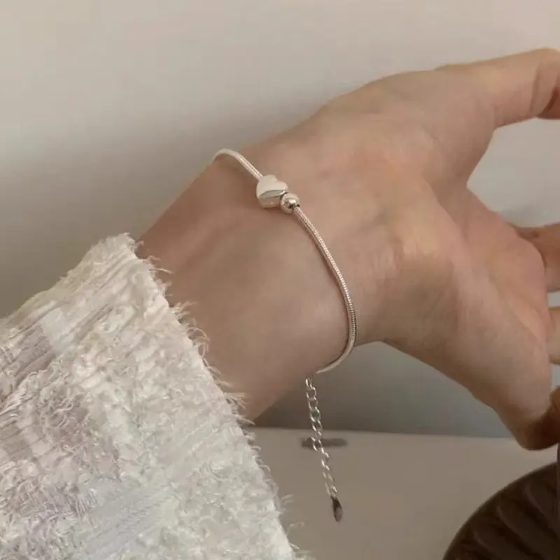 Silver Plated Heart Bead Metal Chain Charm Bracelet for Women Classic Fashion Jewelry Personality Accessories