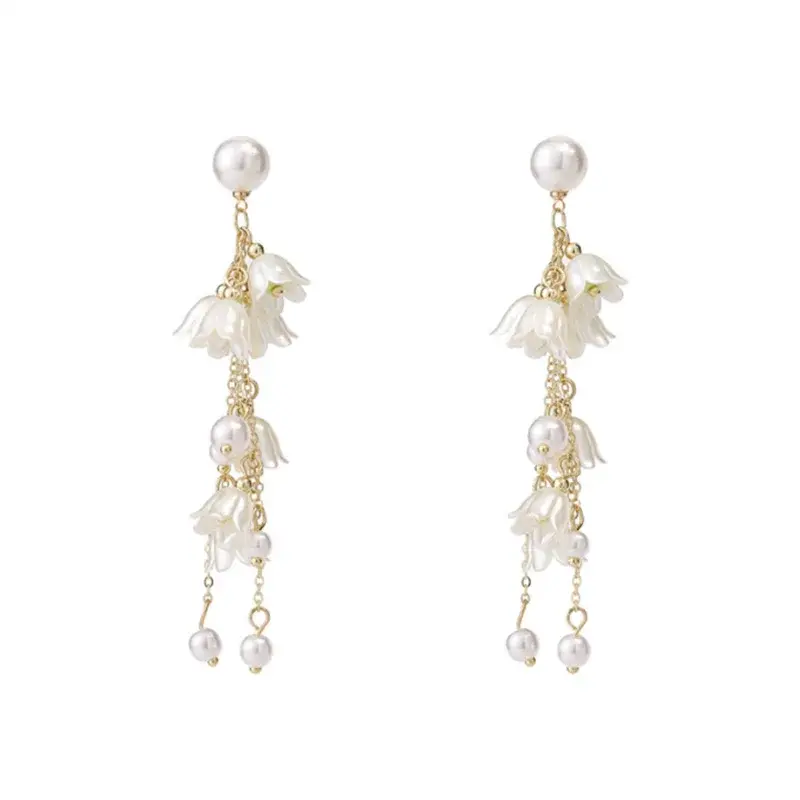 Long Earrings Acrylic White Flower Tassel Dangle Earrings for Women Wedding Party Imitation Pearl Trendy Statement Jewelry Gift