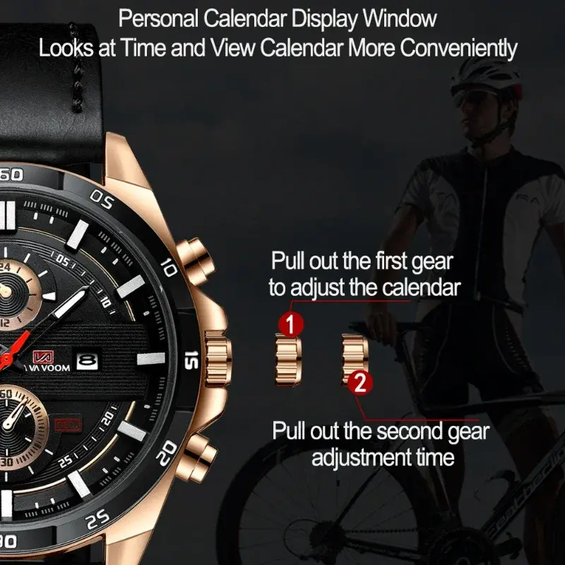 Men's Large Sports Style Watch Casual Fashion Leather Racing Style Quartz Calendar Top 46mm Watch in Black/Rose Gold