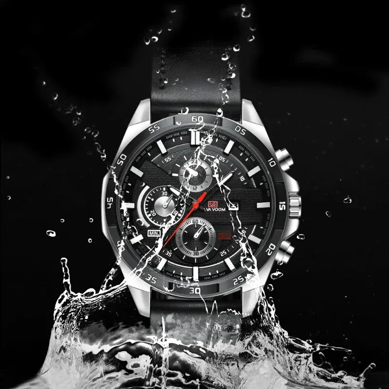Men's Large Sports Style Watch Casual Fashion Leather Racing Style Quartz Calendar Top 46mm Watch in Black/Rose Gold
