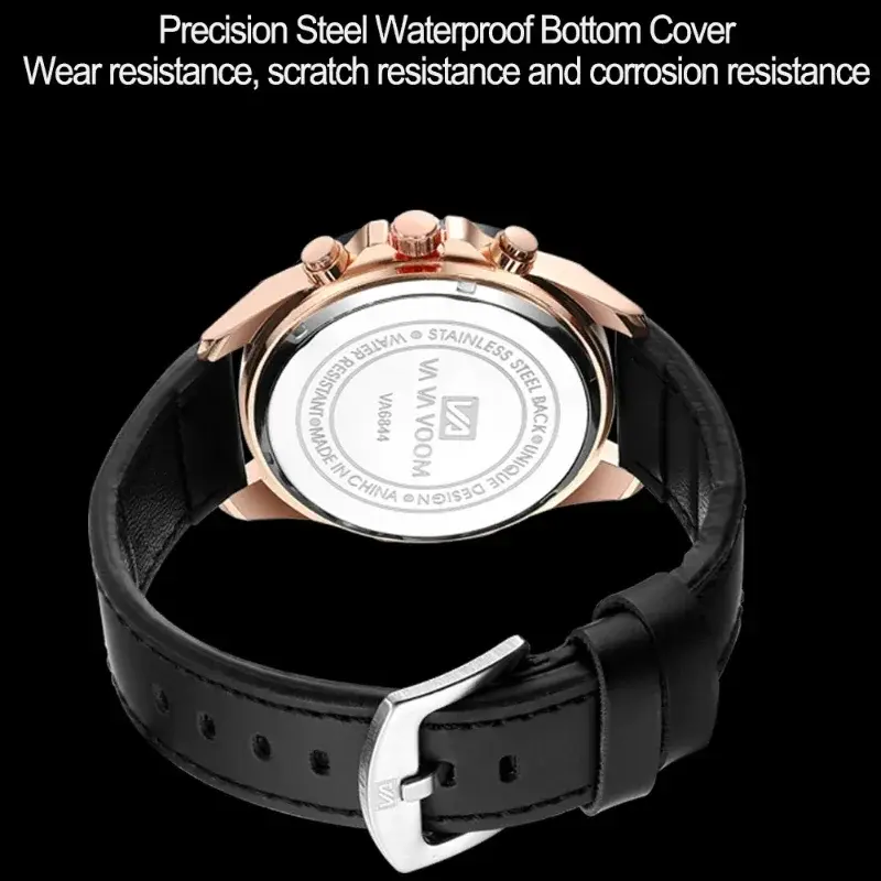 Men's Large Sports Style Watch Casual Fashion Leather Racing Style Quartz Calendar Top 46mm Watch in Black/Rose Gold
