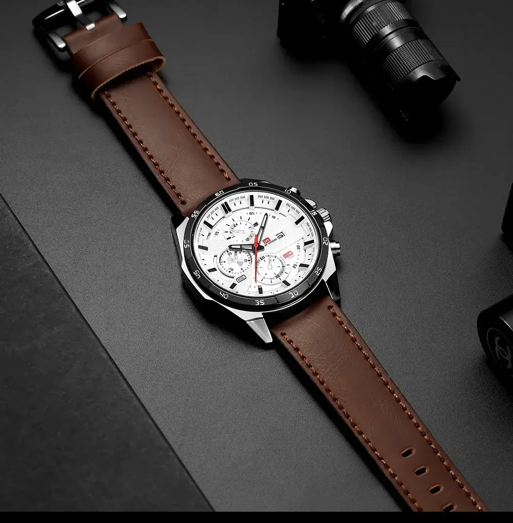Men's Large Sports Style Watch Casual Fashion Leather Racing Style Quartz Calendar Top 46mm Watch in Black/Rose Gold