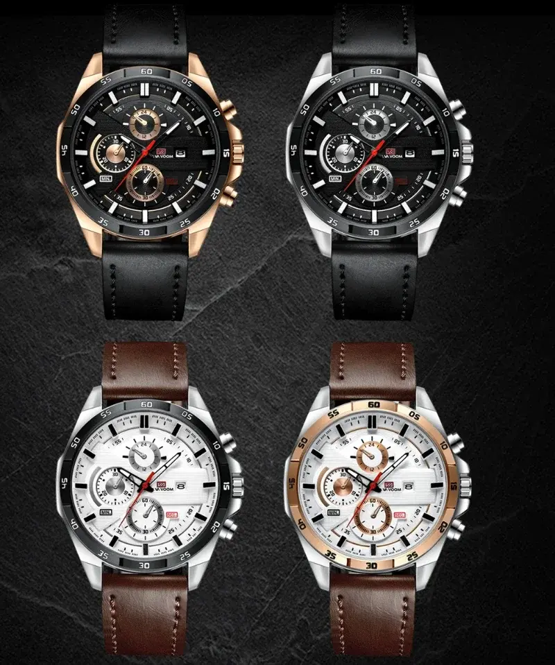 Men's Large Sports Style Watch Casual Fashion Leather Racing Style Quartz Calendar Top 46mm Watch in Black/Rose Gold
