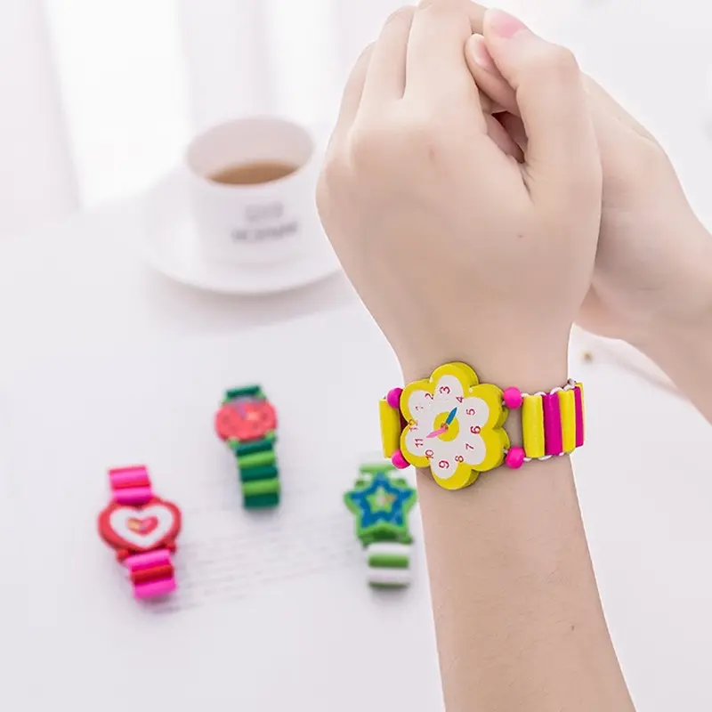 Kids Girl Colorful Wood Bracelets Children Elastic Watch Wristbands Child Toy Bracelet Wholesales Birthday Gift Jewelry