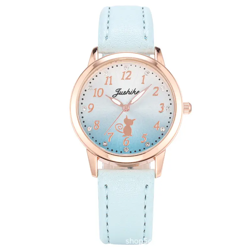 Children's Cute Cat Watch Simple Rhinestone Girls Wristwatches Gradient Color Leather Quartz Kids Clock Child Gift Montre Enfant