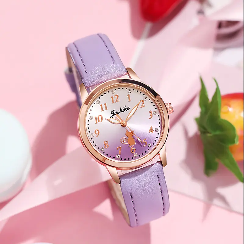 Children's Cute Cat Watch Simple Rhinestone Girls Wristwatches Gradient Color Leather Quartz Kids Clock Child Gift Montre Enfant
