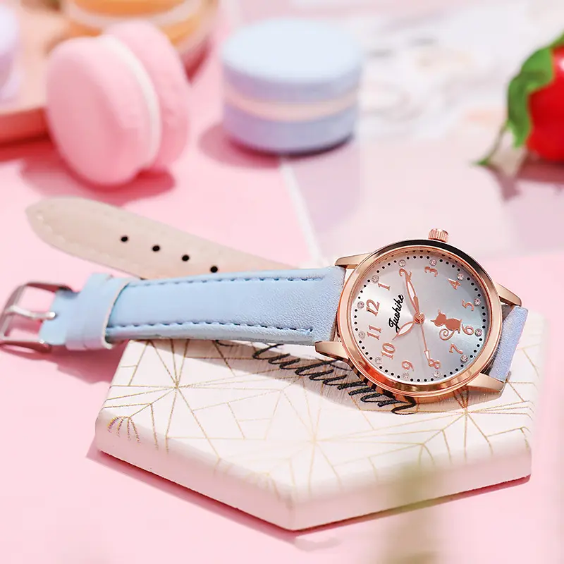 Children's Cute Cat Watch Simple Rhinestone Girls Wristwatches Gradient Color Leather Quartz Kids Clock Child Gift Montre Enfant