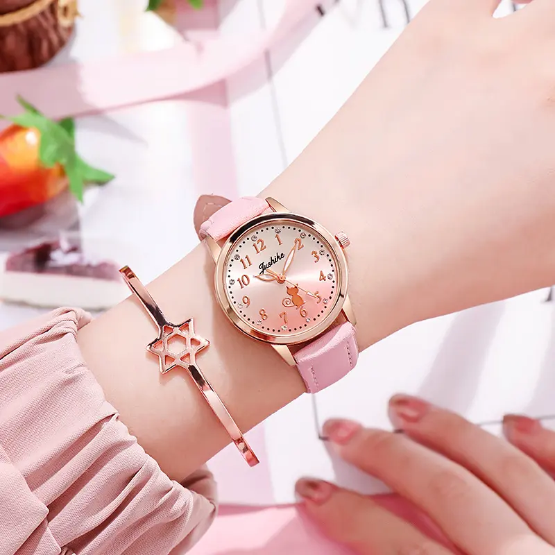 Children's Cute Cat Watch Simple Rhinestone Girls Wristwatches Gradient Color Leather Quartz Kids Clock Child Gift Montre Enfant