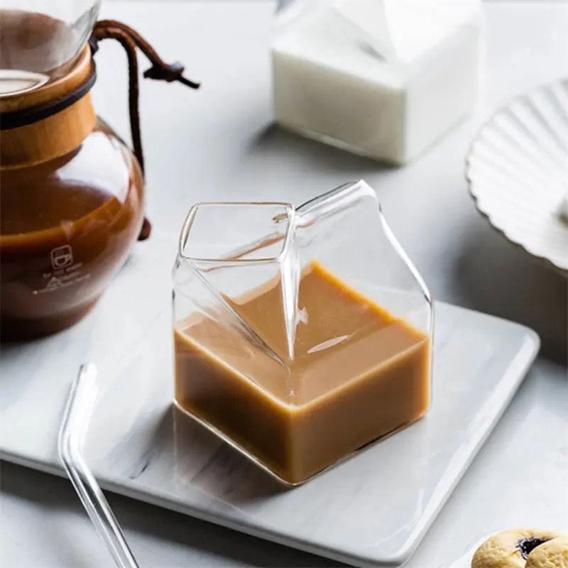 1Pc Milk Cup 300ML Half Pint Milk Carton Style Creative Mini Creamer Jug Glass Milk Mug Cow Udder Cup Milk Cup Wholesale