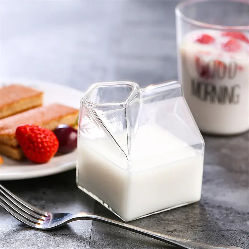 1Pc Milk Cup 300ML Half Pint Milk Carton Style Creative Mini Creamer Jug Glass Milk Mug Cow Udder Cup Milk Cup Wholesale