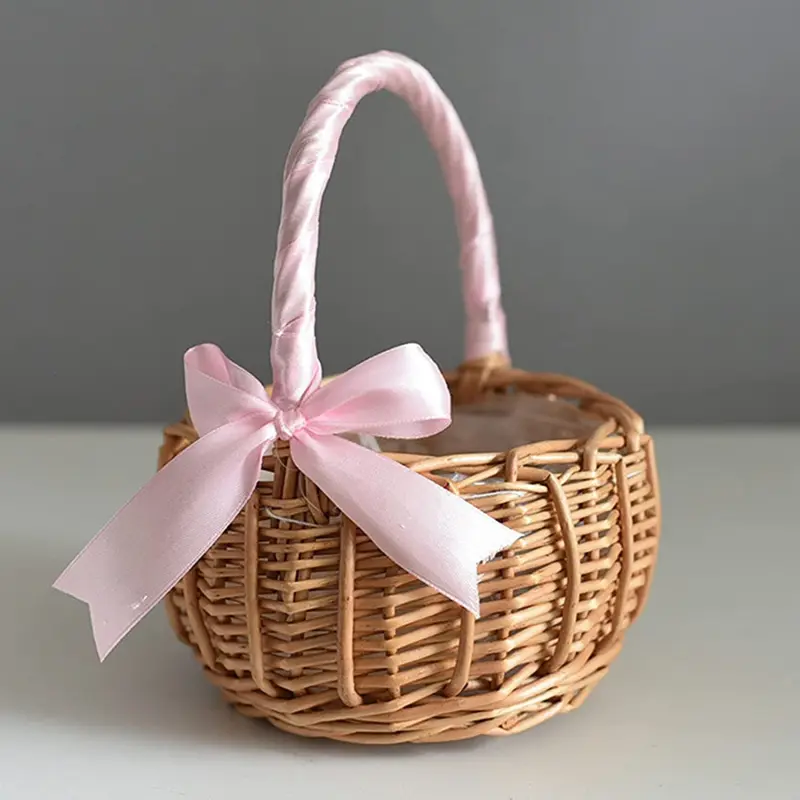 Handmade Storage Rack Woven Flower Baskets Rattan Storage Basket Flower Girl Hand Basket for Home Wedding Decoration