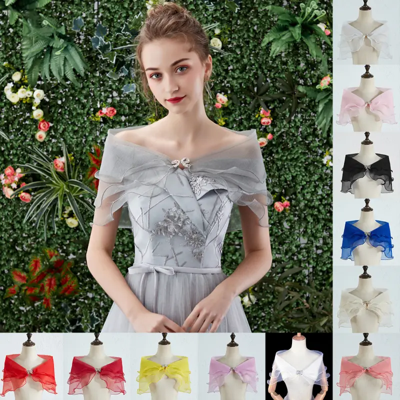 Women Vintage Layered Gauze Shawl Wrap Shrug Rhinestone Buckle Front Wedding Dress Cover Up Sexy Off Shoulder Ruffles Bolero New