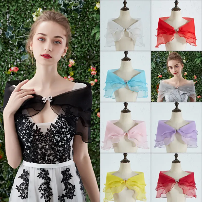 Women Vintage Layered Gauze Shawl Wrap Shrug Rhinestone Buckle Front Wedding Dress Cover Up Sexy Off Shoulder Ruffles Bolero New