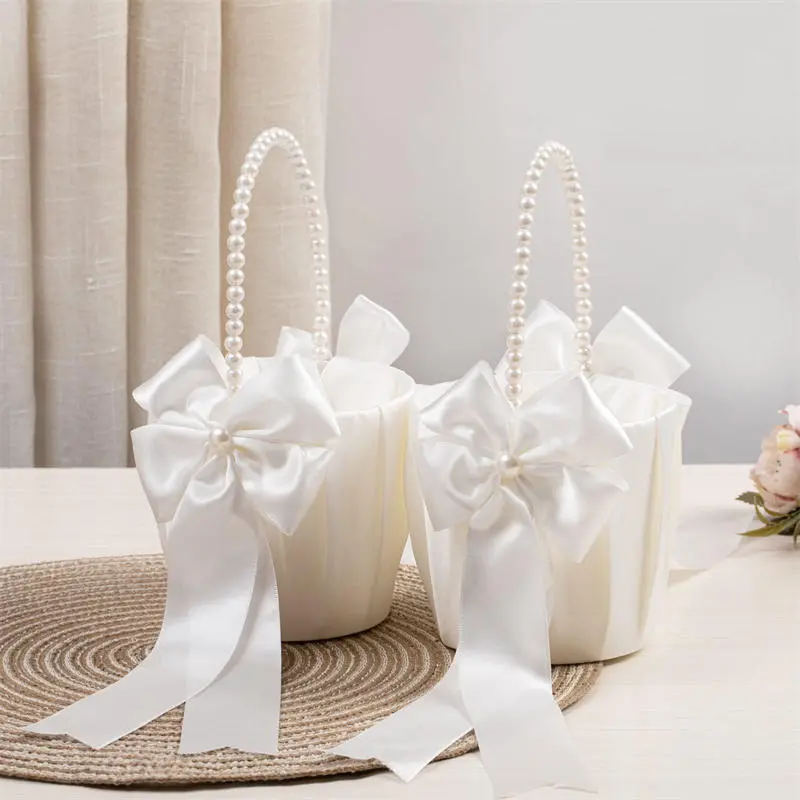 Wedding Flower Basket White Satin Pearl Bowknot Wedding Scattering Flower Basket Foldable Flower Women Pearl Handle Baskets