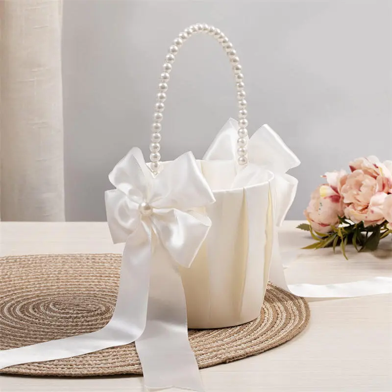 Wedding Flower Basket White Satin Pearl Bowknot Wedding Scattering Flower Basket Foldable Flower Women Pearl Handle Baskets