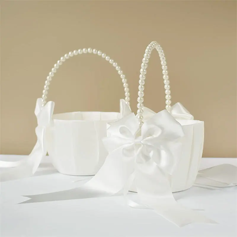 Wedding Flower Basket White Satin Pearl Bowknot Wedding Scattering Flower Basket Foldable Flower Women Pearl Handle Baskets