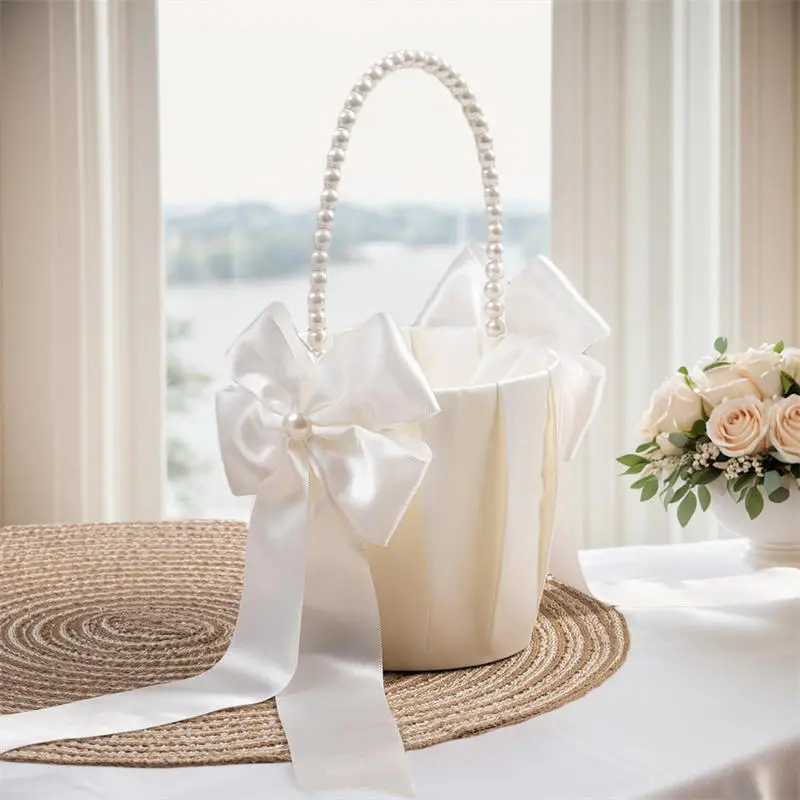Wedding Flower Basket White Satin Pearl Bowknot Wedding Scattering Flower Basket Foldable Flower Women Pearl Handle Baskets
