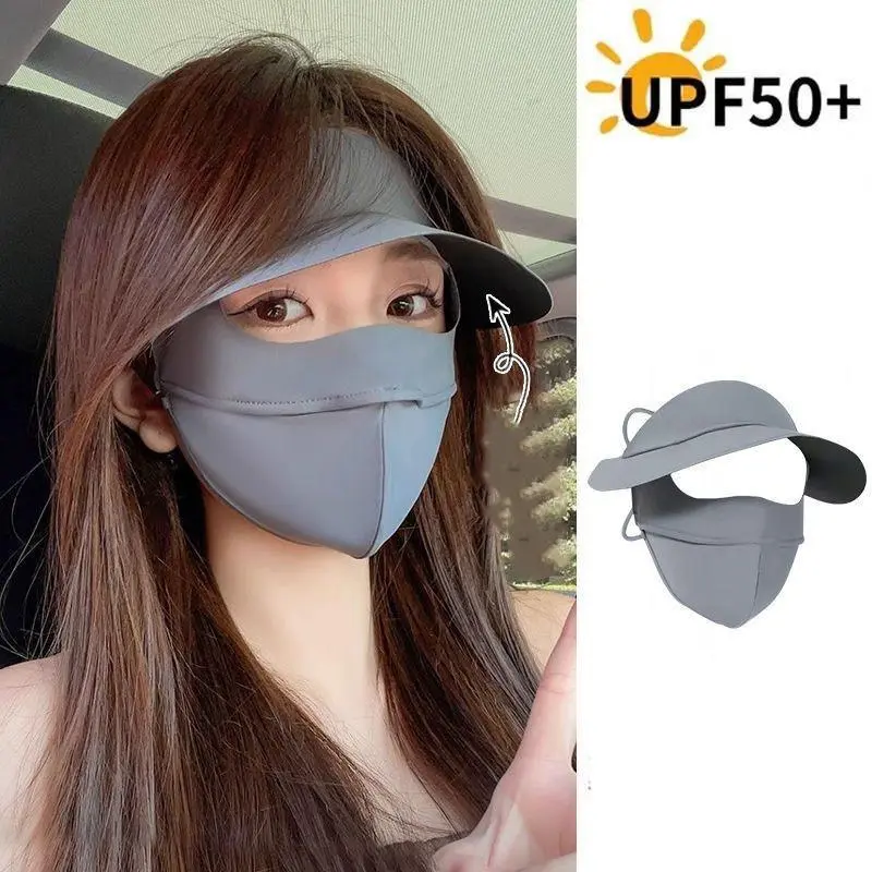 Summer Sun Protection Mask Outdoor UV Protection Black Rubber Hat Brim Face Covering Ice Silk Sun Protection Face Mask