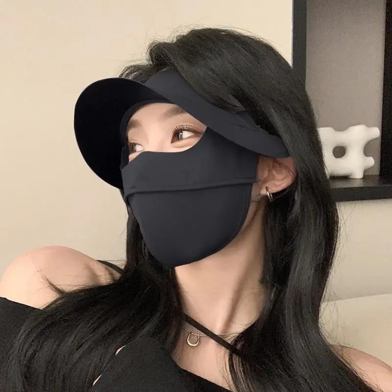 Summer Sun Protection Mask Outdoor UV Protection Black Rubber Hat Brim Face Covering Ice Silk Sun Protection Face Mask