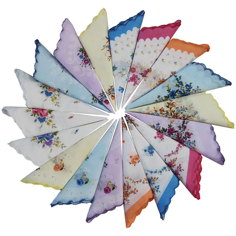 3pcs Small Floral Women's Handkerchiefs Crescent Edge Girl Printed Cotton White Background Refreshing Ladies Handkerchiefs