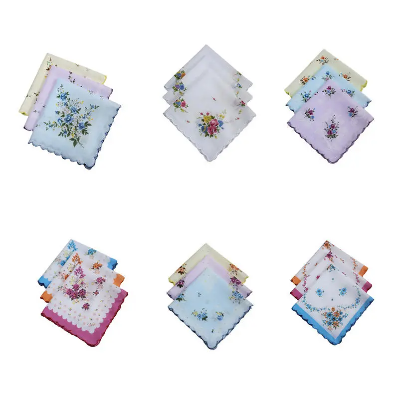 3pcs Small Floral Women's Handkerchiefs Crescent Edge Girl Printed Cotton White Background Refreshing Ladies Handkerchiefs