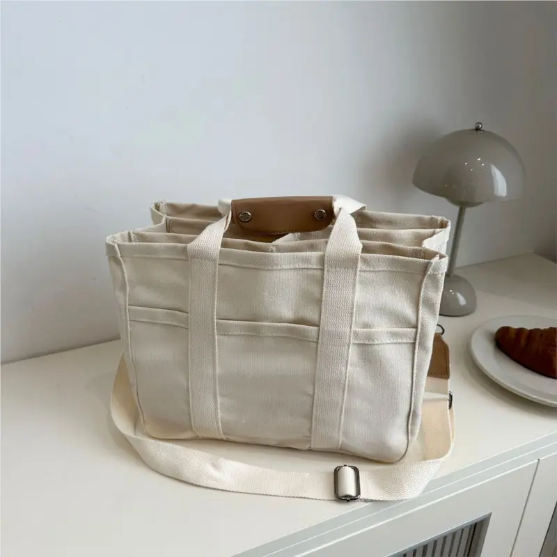 Women's Casual Canvas Handbag Multi-pocket Large Capacity Tote Bag Adjustable Shoulder Strap Shopper Female