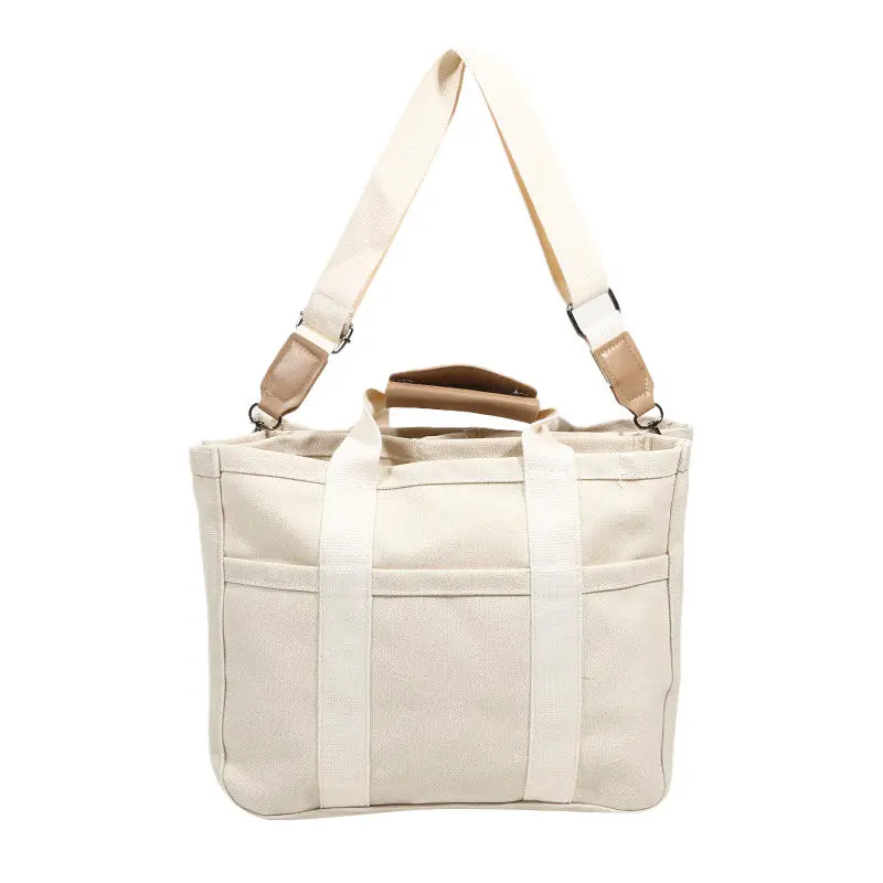 Women's Casual Canvas Handbag Multi-pocket Large Capacity Tote Bag Adjustable Shoulder Strap Shopper Female