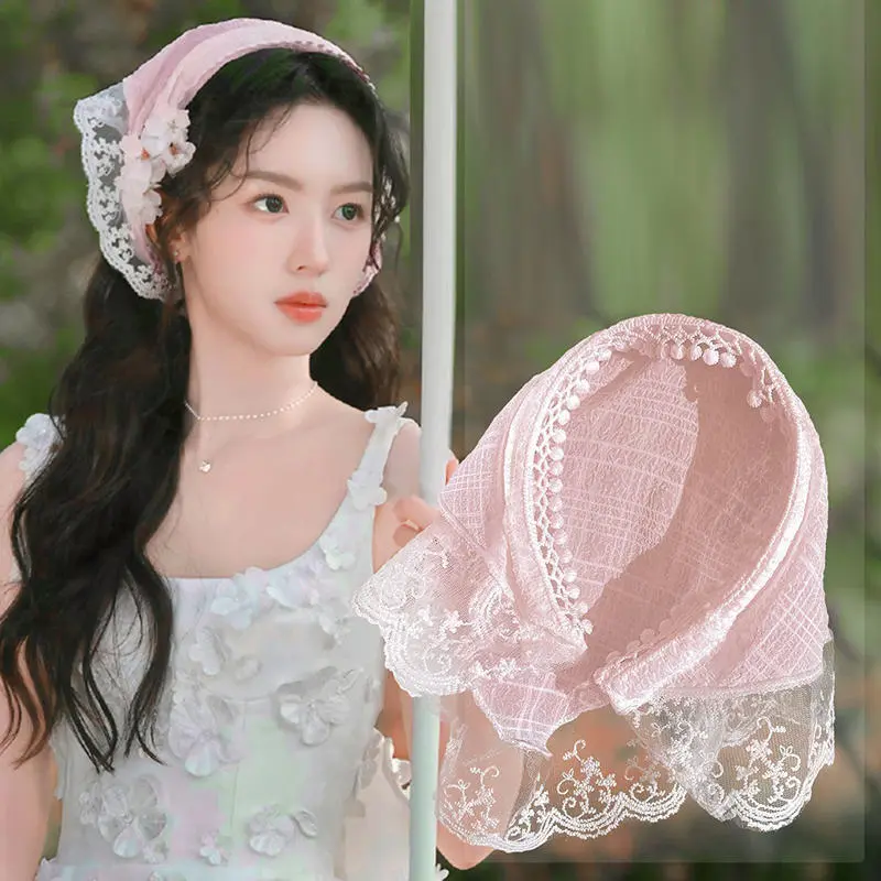 Summer Lace Triangle Headscarf Woman Polka Dot Square Scarf Sweet Turban Cap Sunscreen Headwrap Hair Hoop Girl Court Bonnet