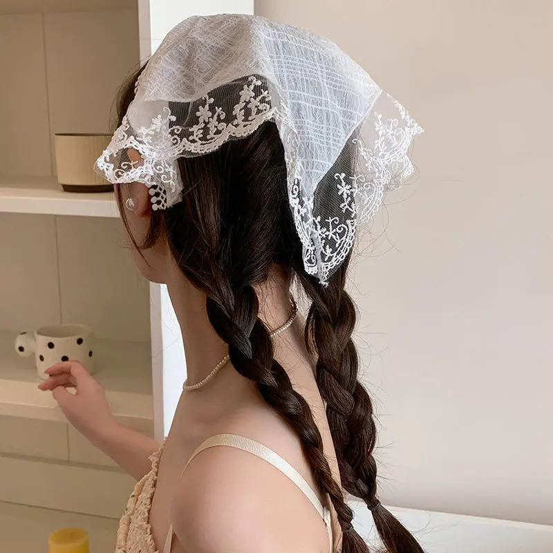 Summer Lace Triangle Headscarf Woman Polka Dot Square Scarf Sweet Turban Cap Sunscreen Headwrap Hair Hoop Girl Court Bonnet