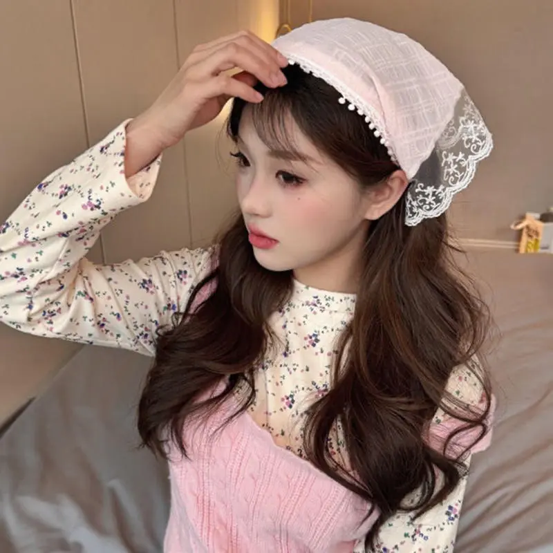 Summer Lace Triangle Headscarf Woman Polka Dot Square Scarf Sweet Turban Cap Sunscreen Headwrap Hair Hoop Girl Court Bonnet