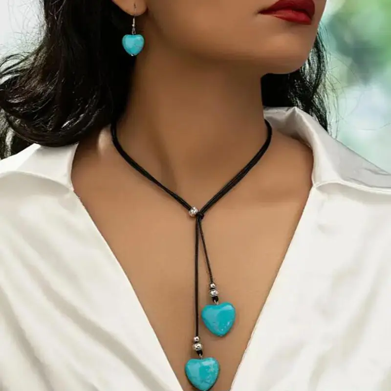 Turquoise Stone Heart Pendant Necklace Earrings Set Charming Love Round Shape Trendy Jewelry Gifts for Women
