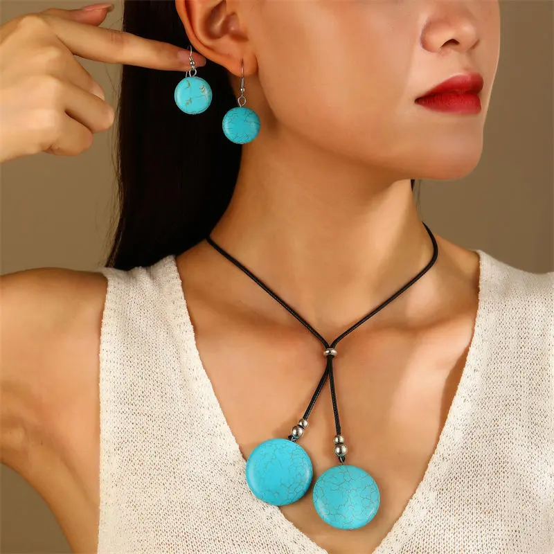 Turquoise Stone Heart Pendant Necklace Earrings Set Charming Love Round Shape Trendy Jewelry Gifts for Women