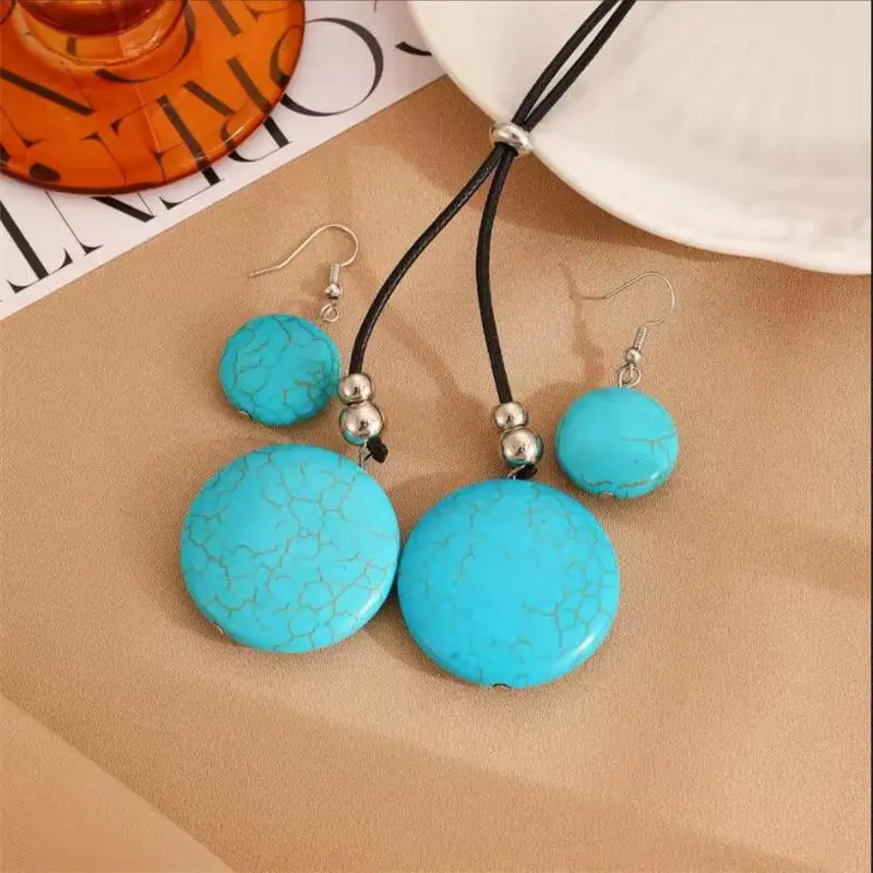 Turquoise Stone Heart Pendant Necklace Earrings Set Charming Love Round Shape Trendy Jewelry Gifts for Women