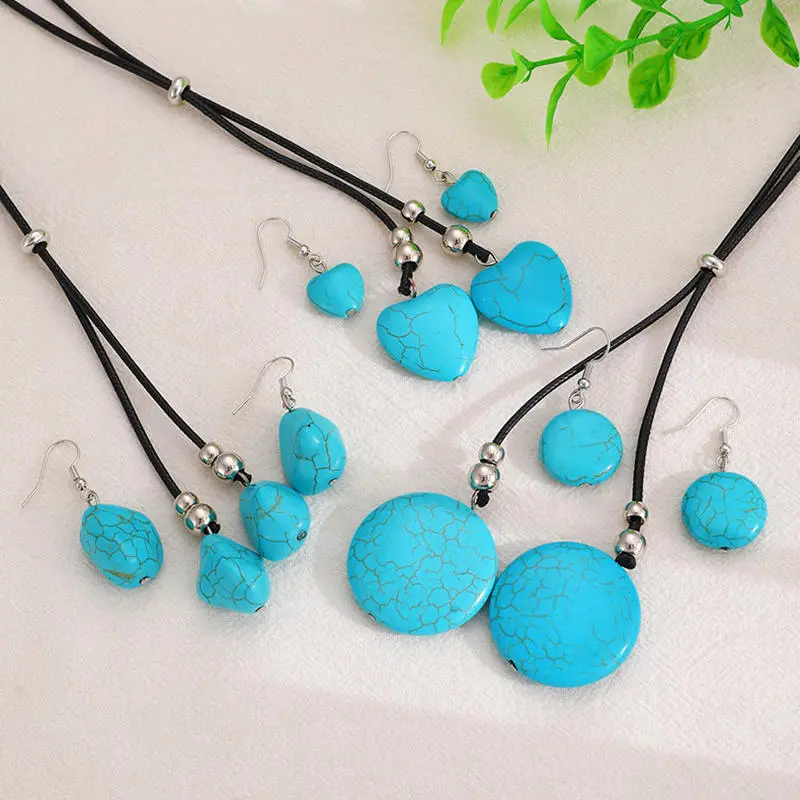 Turquoise Stone Heart Pendant Necklace Earrings Set Charming Love Round Shape Trendy Jewelry Gifts for Women