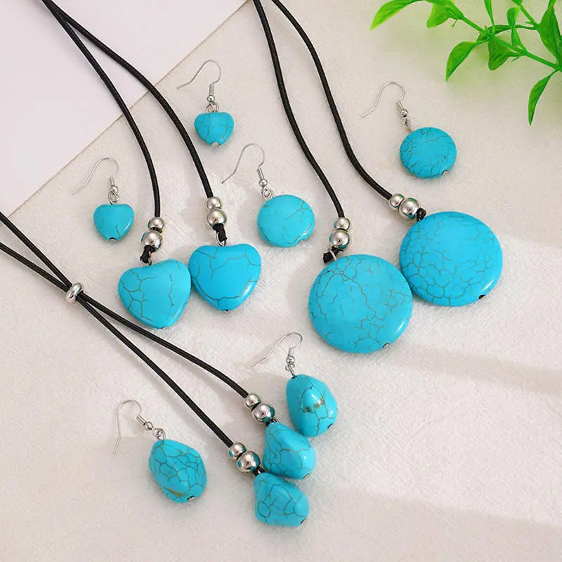 Turquoise Stone Heart Pendant Necklace Earrings Set Charming Love Round Shape Trendy Jewelry Gifts for Women