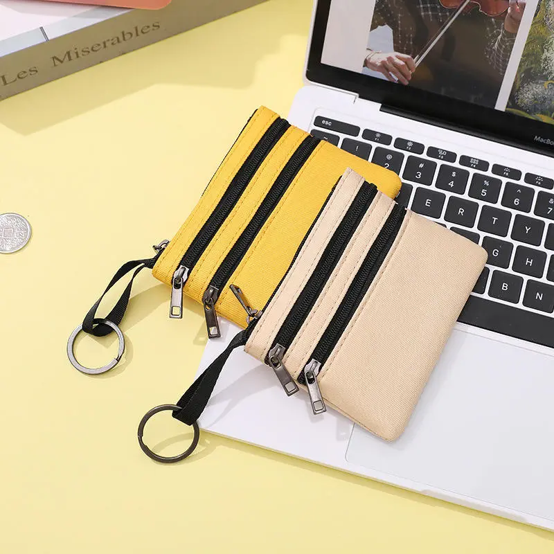 Canvas Mini Coin Purse Simple double Zipper Storage Pouch Short Money Pocket Solid Color Key Bag Women Men Cute Wallet
