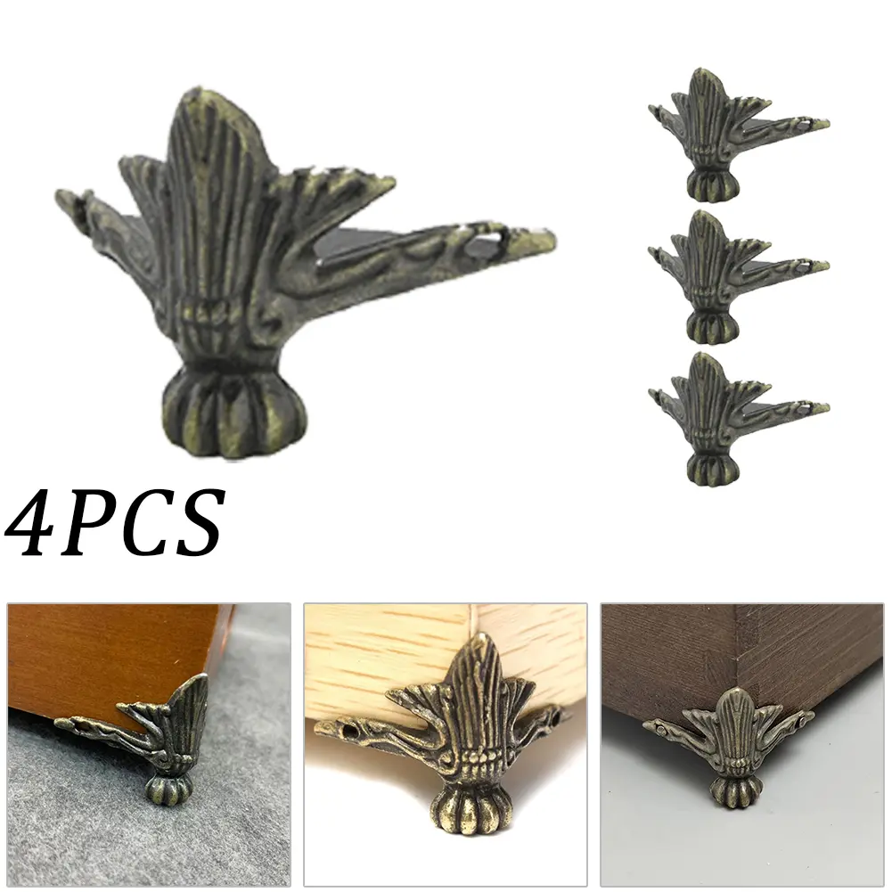 4Pcs/Set Antique Wood Box Feet Leg Corner Protector Triangle Rattan Carved Decorative Bracket For Furniture Hardware
