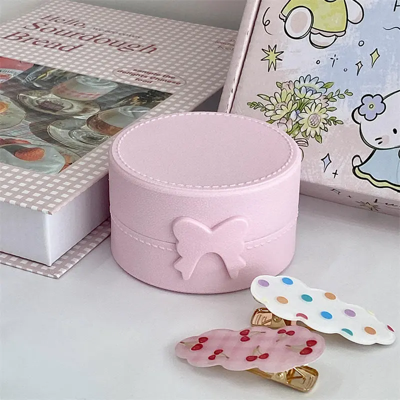 INS Cute Macaron Bow Round Storage Box Kawaii Girls Jewelry Hairpins Dustproof Travel Portable Small Sundries Organizer