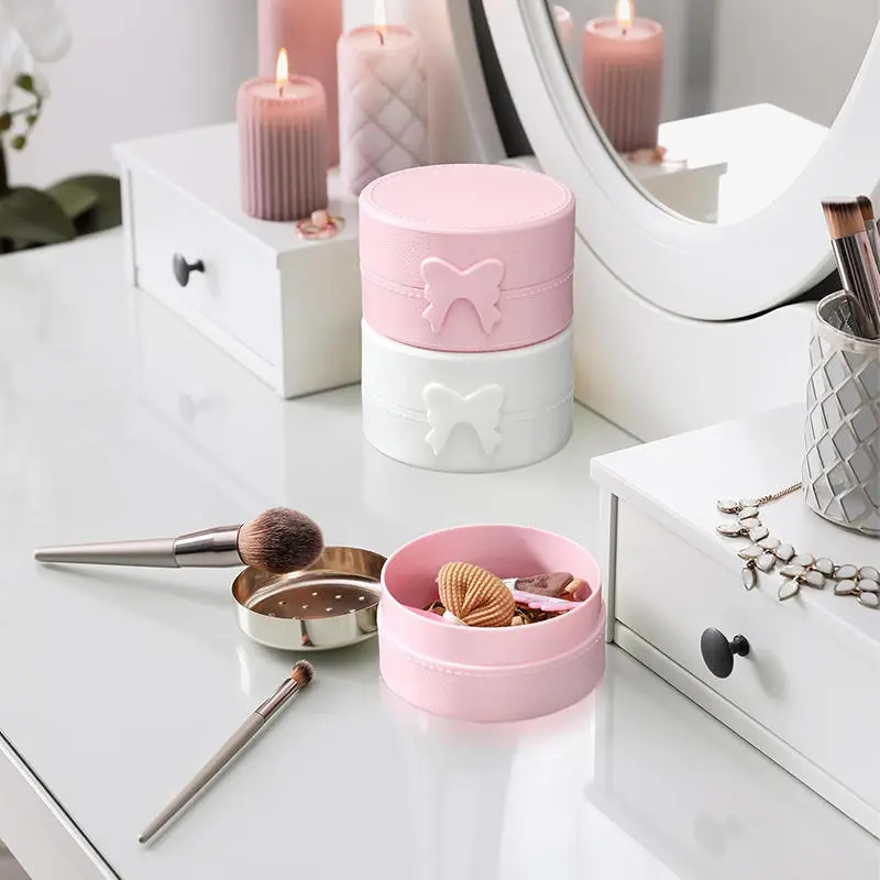 INS Cute Macaron Bow Round Storage Box Kawaii Girls Jewelry Hairpins Dustproof Travel Portable Small Sundries Organizer