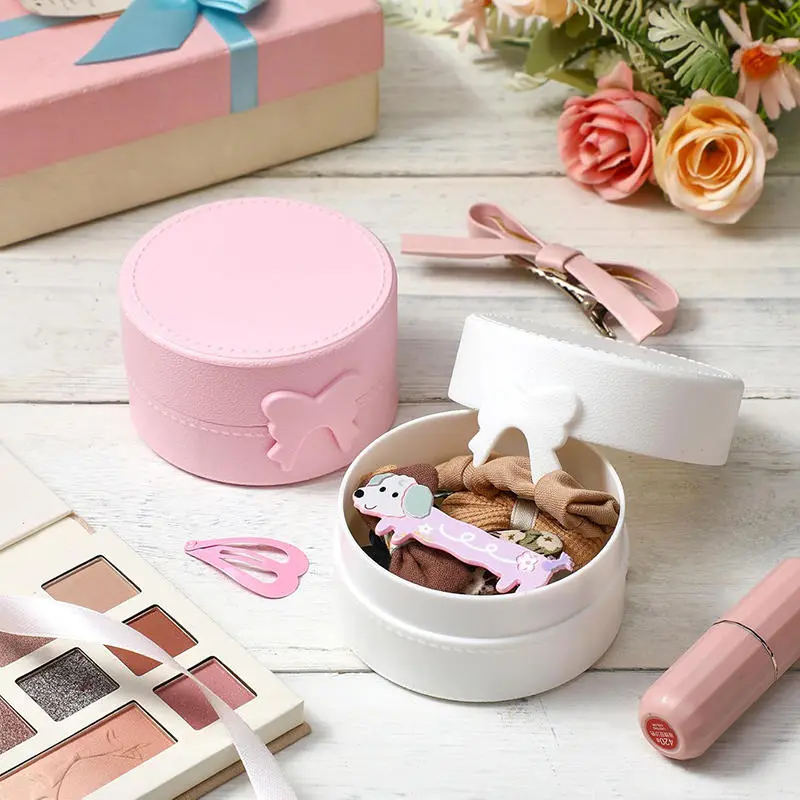 INS Cute Macaron Bow Round Storage Box Kawaii Girls Jewelry Hairpins Dustproof Travel Portable Small Sundries Organizer