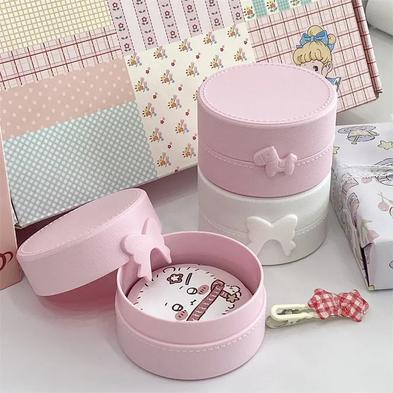 INS Cute Macaron Bow Round Storage Box Kawaii Girls Jewelry Hairpins Dustproof Travel Portable Small Sundries Organizer