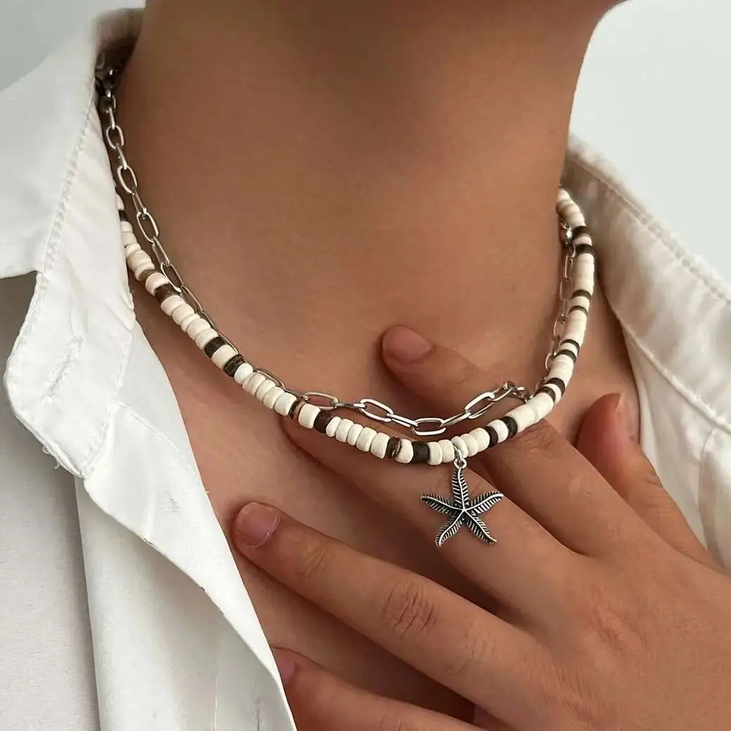 Ingemark 2Pcs/Set Trendy Creative Coconut Husk Starfish Pendant Necklace For Men Punk Hip Hop Clavicle Chain Jewelry Accessories