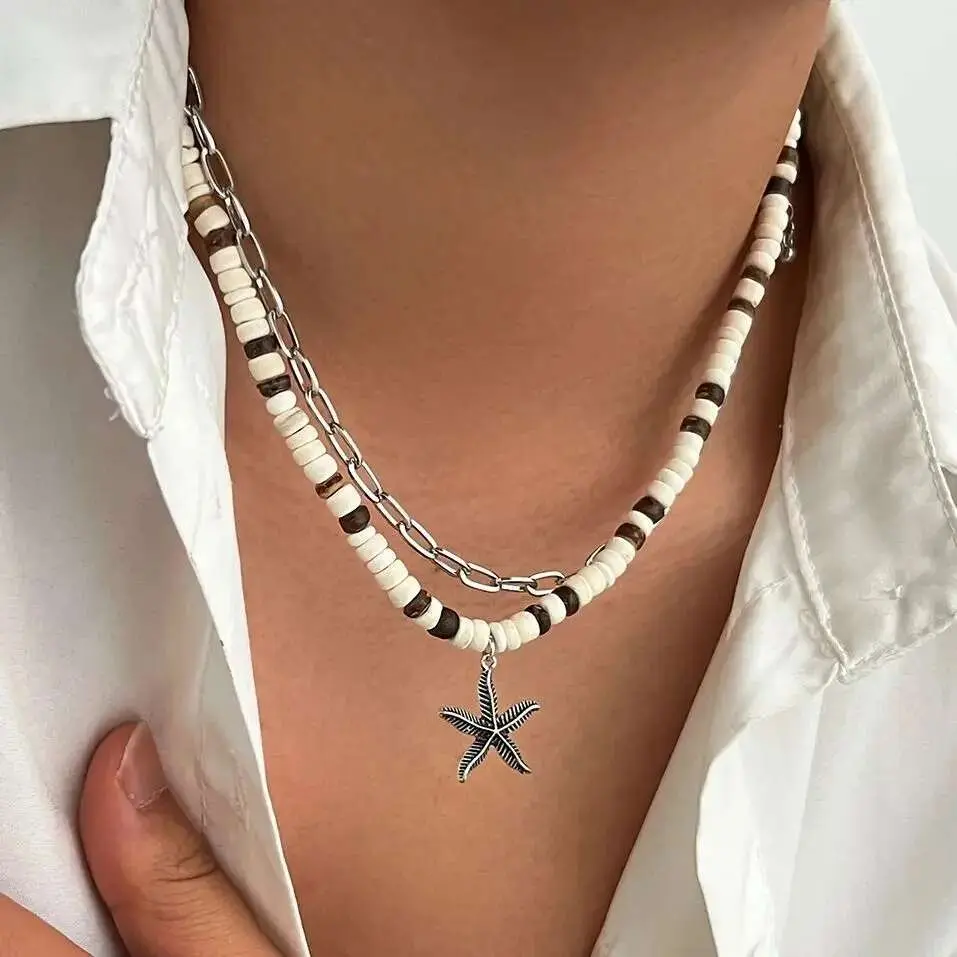 Ingemark 2Pcs/Set Trendy Creative Coconut Husk Starfish Pendant Necklace For Men Punk Hip Hop Clavicle Chain Jewelry Accessories