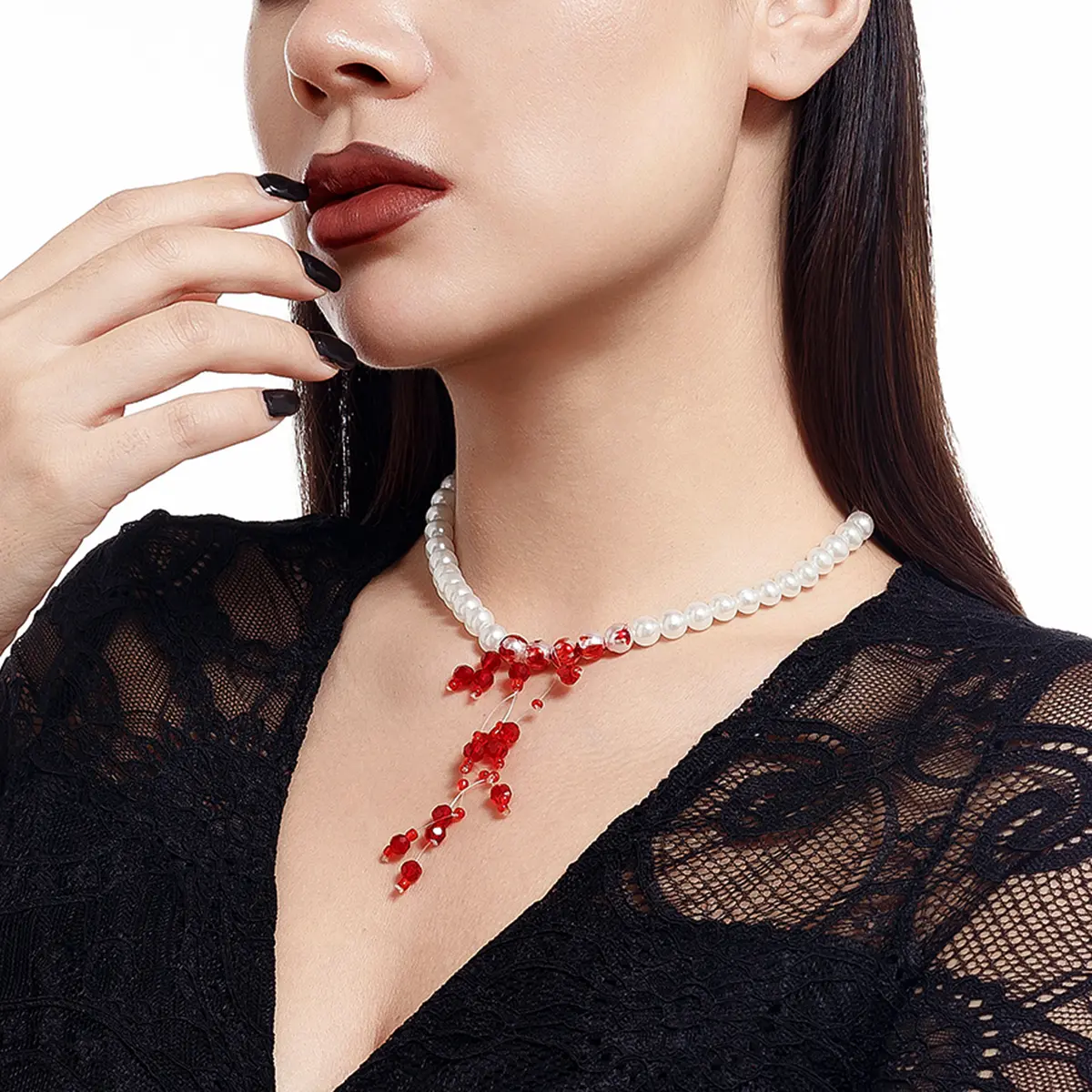 Ingemark Creative Red Blood Crystal Beads Pendant Choker Necklace for Women Gothic Imitation Pearl Chain Halloween Jewelry Gift
