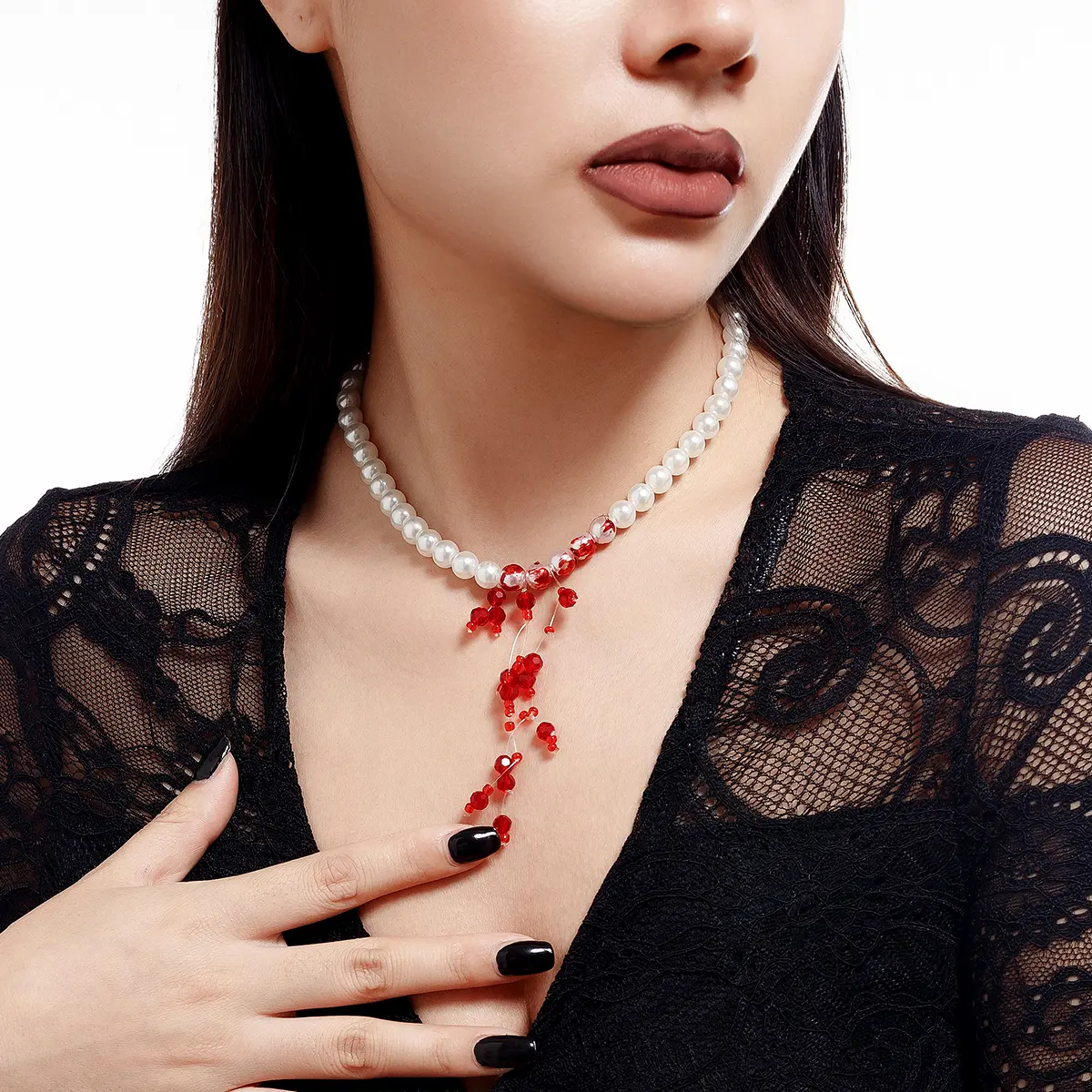 Ingemark Creative Red Blood Crystal Beads Pendant Choker Necklace for Women Gothic Imitation Pearl Chain Halloween Jewelry Gift