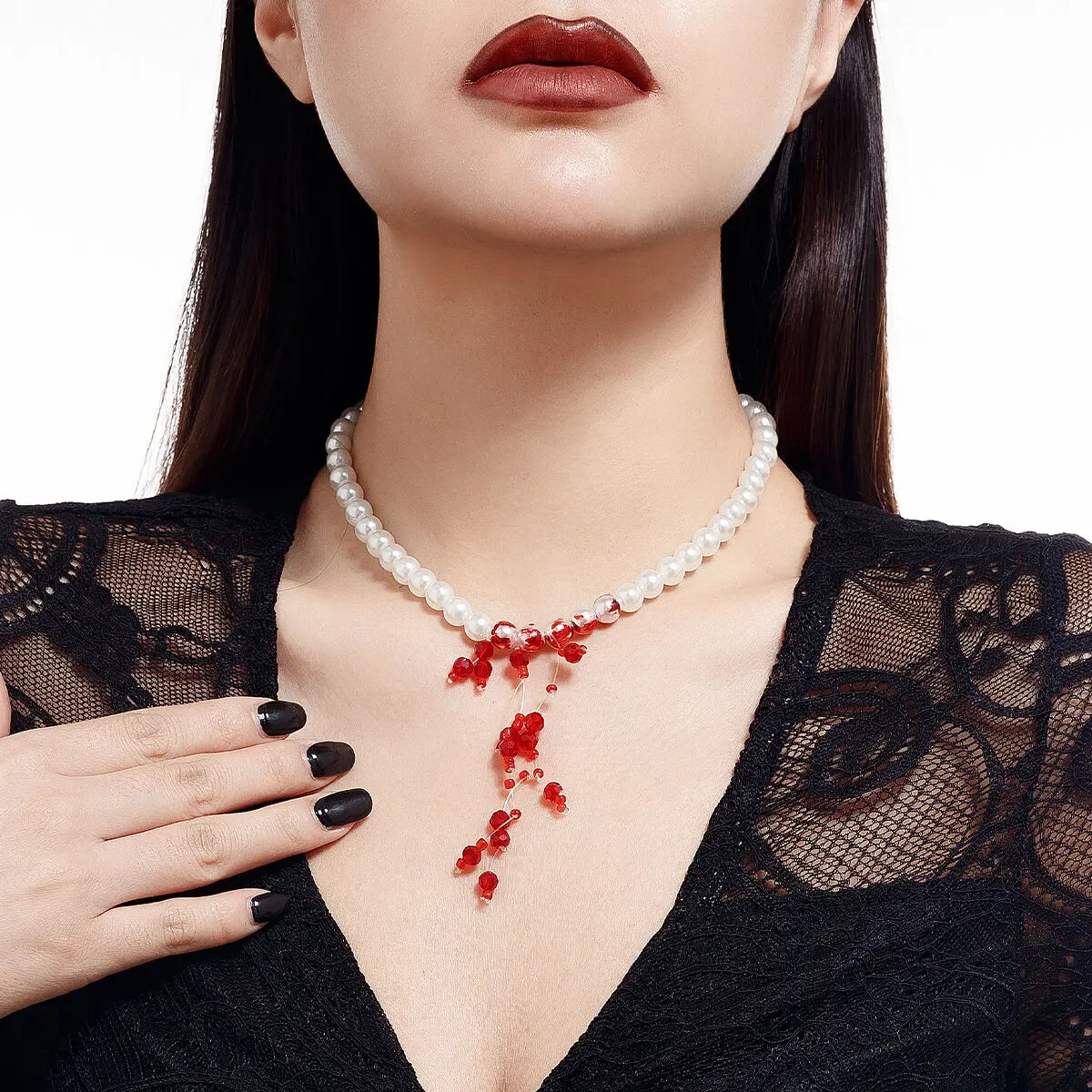 Ingemark Creative Red Blood Crystal Beads Pendant Choker Necklace for Women Gothic Imitation Pearl Chain Halloween Jewelry Gift