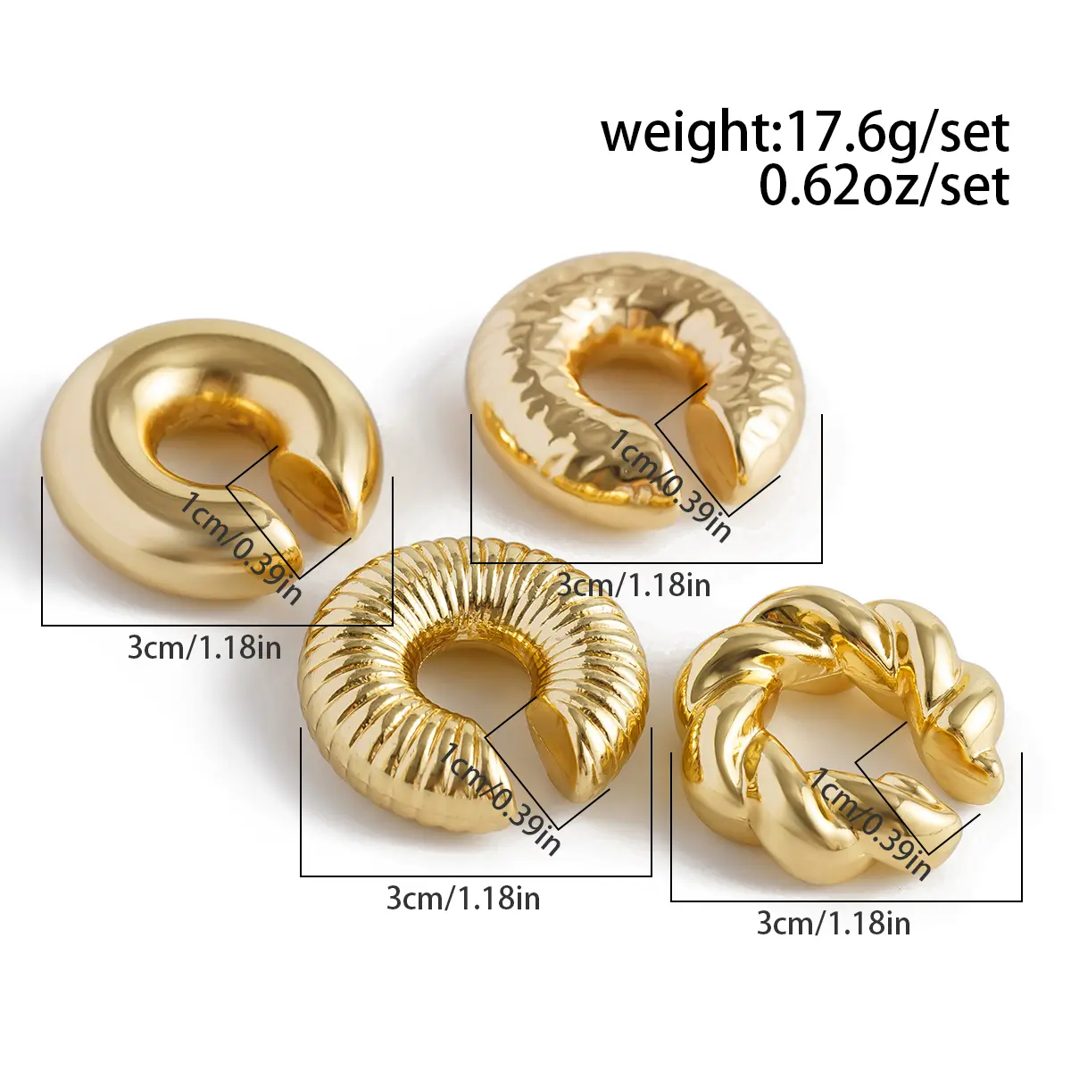 Ingemark 4Pcs/Set Punk Twisted Chunky Tube Clip Earrings for Women Non Piercing C Shape Ear Cuff  Female Jewelry Accessories New