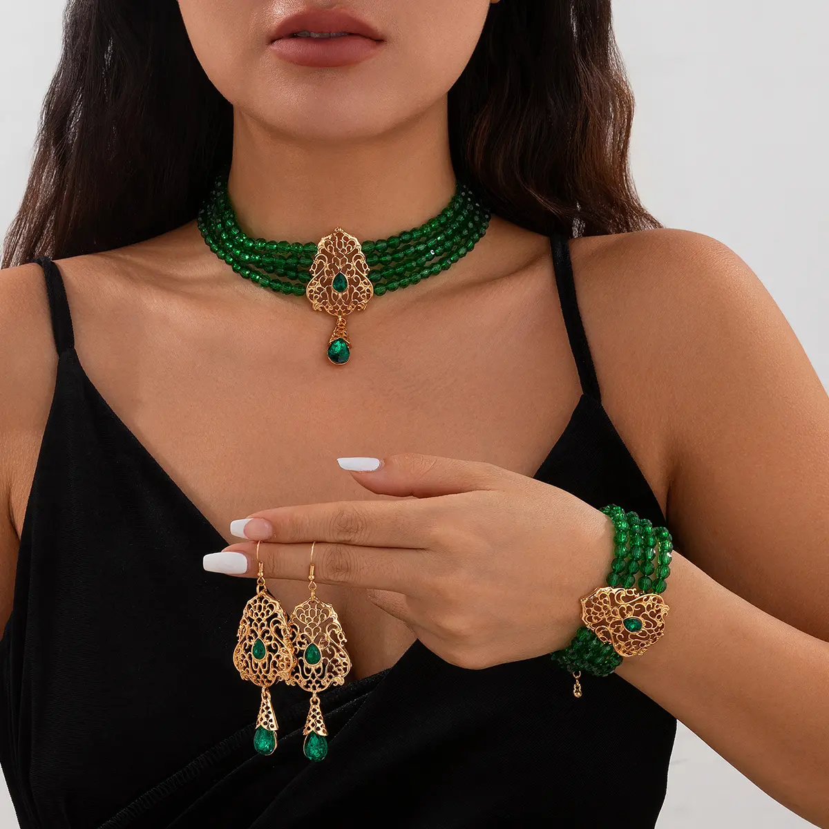 Ingemark Goth Multilayer Crystal Chain Necklace Bracelet Drop Earrings for Women Temperament Jewelry Set Halloween Accessories
