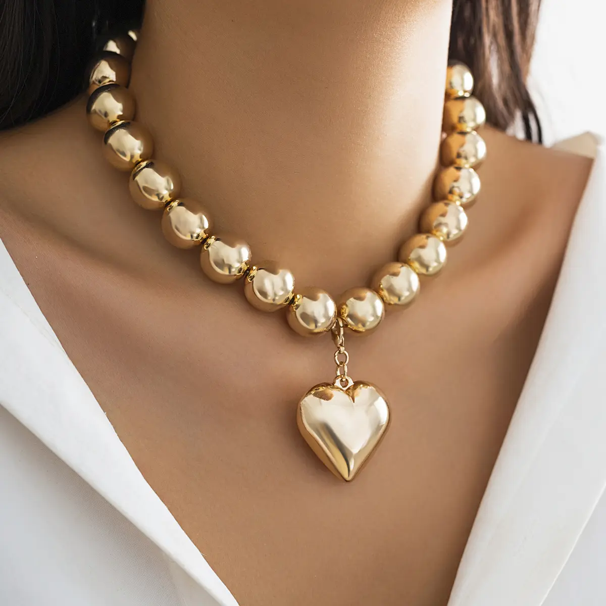 Ingemark Punk Big Love Heart Pendant Choker Necklace for Women Vintage Chunky Heavy CCB Beads Chain Grunge Jewelry Steampunk Men