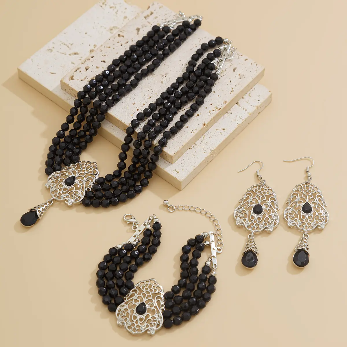 Ingemark Goth Multilayer Crystal Chain Necklace Bracelet Drop Earrings for Women Temperament Jewelry Set Halloween Accessories